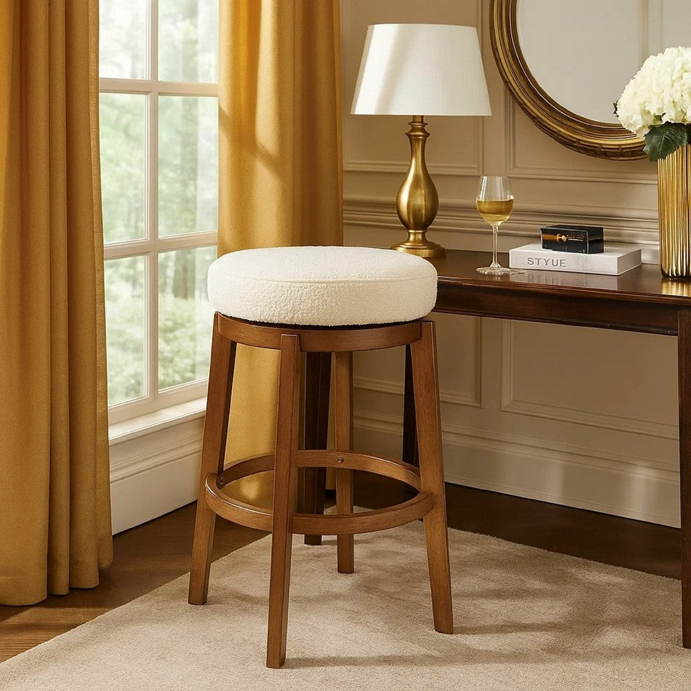 Lex Swivel Bar Stool, 31 Inch Backless, White Boucle Seat, Brown Legs