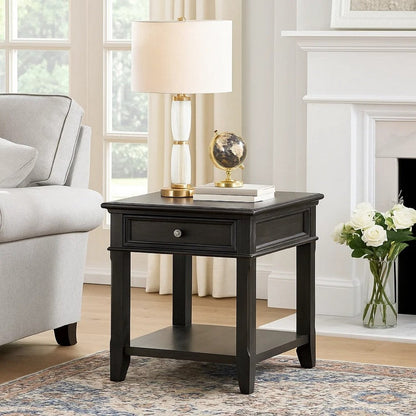 Riel Side End Table w USB Port, 27 Inch Top, 1 Drawer, Charcoal Black