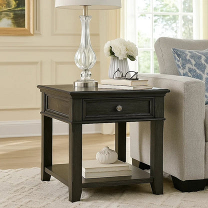 Riel Side End Table w USB Port, 27 Inch Top, 1 Drawer, Charcoal Black