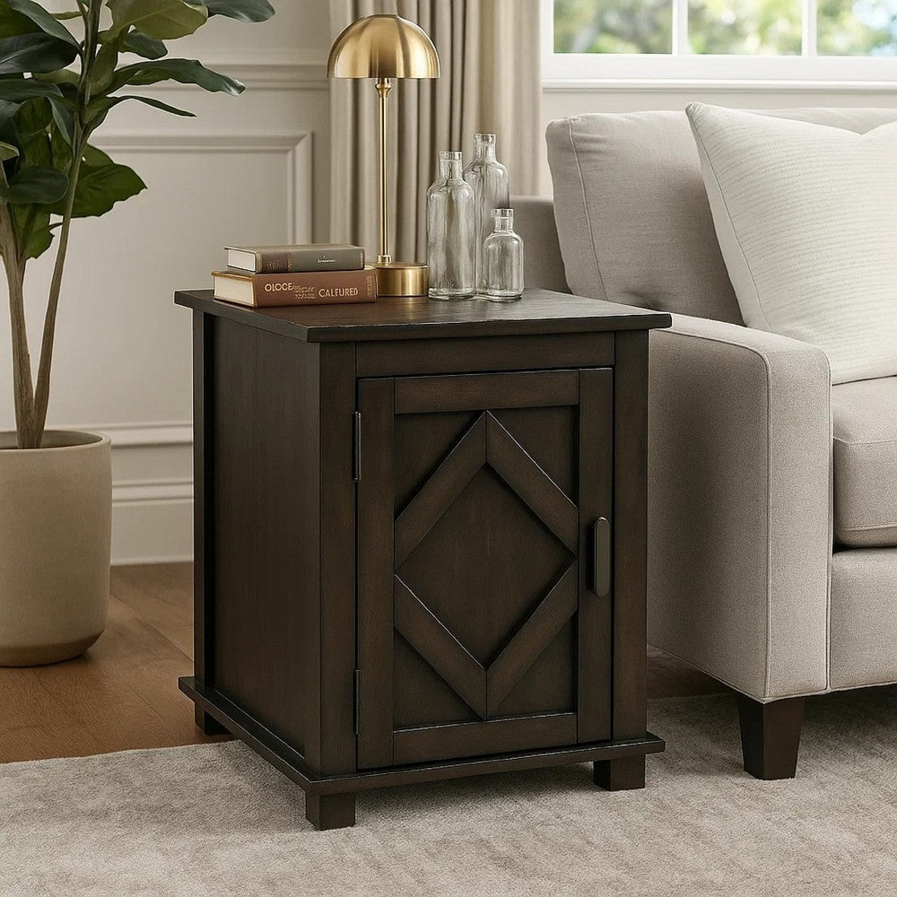 Leky Chairside Table, 22 Inch, 1 Cabinet with Adjustable Shelf, Brown