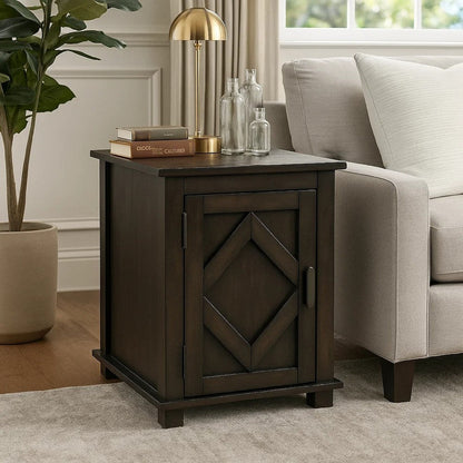 Leky Chairside Table, 22 Inch, 1 Cabinet with Adjustable Shelf, Brown