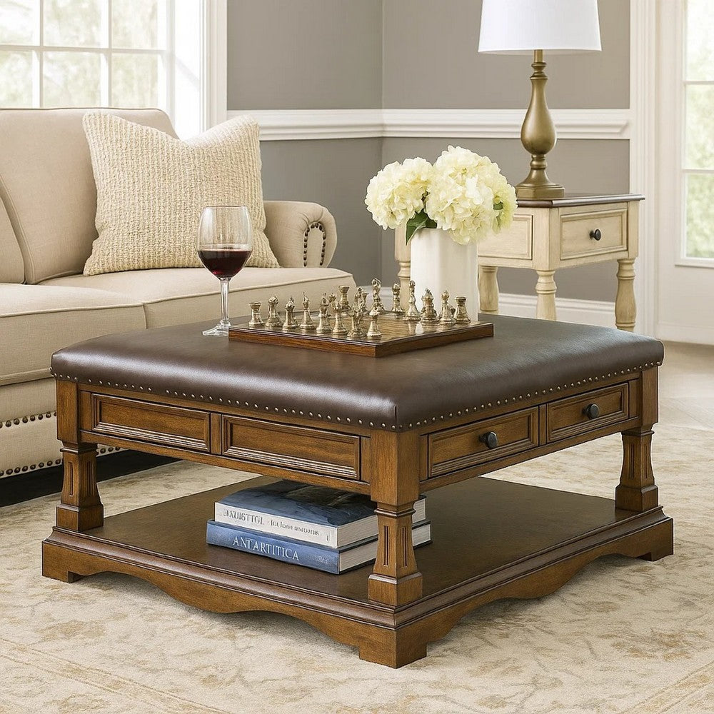 Rox Coffee Table, 39 Inch Brown Faux Leather Top, 4 Drawers and Shelf