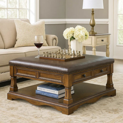 Rox Coffee Table, 39 Inch Brown Faux Leather Top, 4 Drawers and Shelf