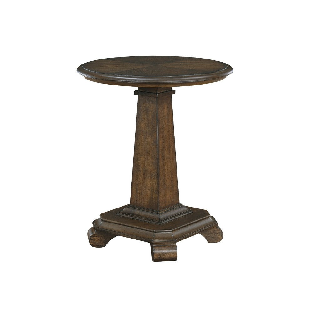 Rox Side End Table, 22 Inch Round Top, Tapered Pedestal Base, Brown