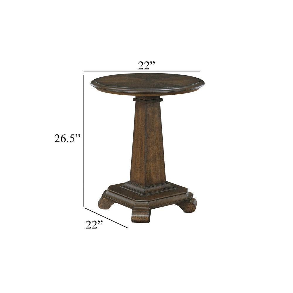 Rox Side End Table, 22 Inch Round Top, Tapered Pedestal Base, Brown