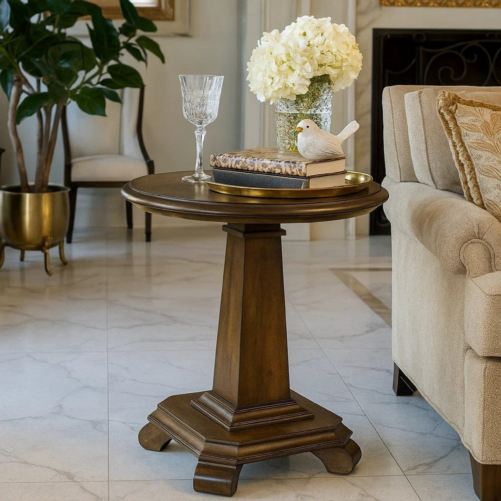 Rox Side End Table, 22 Inch Round Top, Tapered Pedestal Base, Brown
