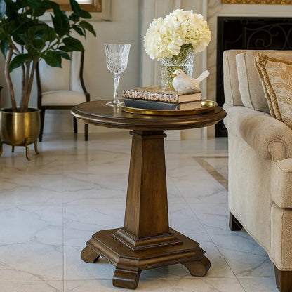 Rox Side End Table, 22 Inch Round Top, Tapered Pedestal Base, Brown