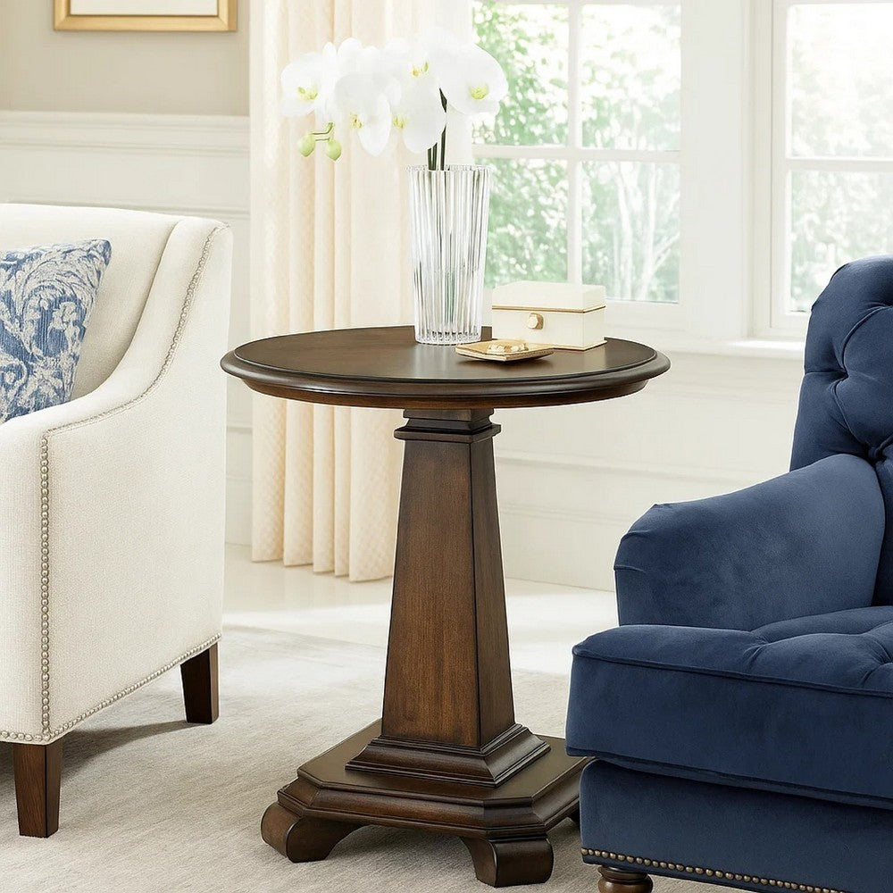 Rox Side End Table, 22 Inch Round Top, Tapered Pedestal Base, Brown