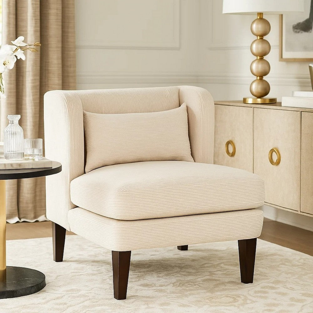 Feya Accent Chair w Lumbar Pillow, Channeled Beige Corduroy