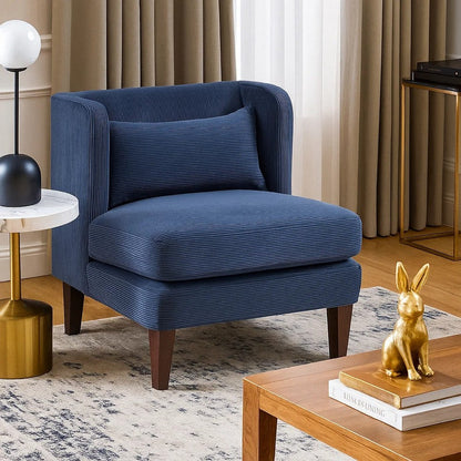 Feya Accent Chair w Lumbar Pillow, Channeled Blue Corduroy, Brown Legs
