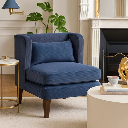 Feya Accent Chair w Lumbar Pillow, Channeled Blue Corduroy, Brown Legs