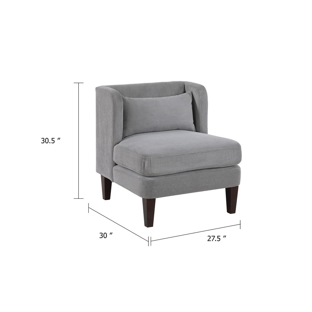 Feya Accent Chair w Pillow, Channeled Dark Gray Corduroy, Brown Legs