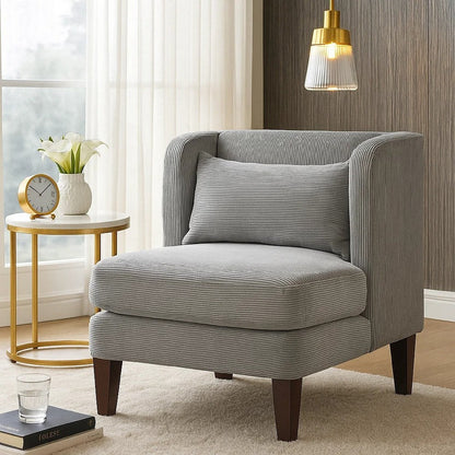 Feya Accent Chair w Pillow, Channeled Dark Gray Corduroy, Brown Legs