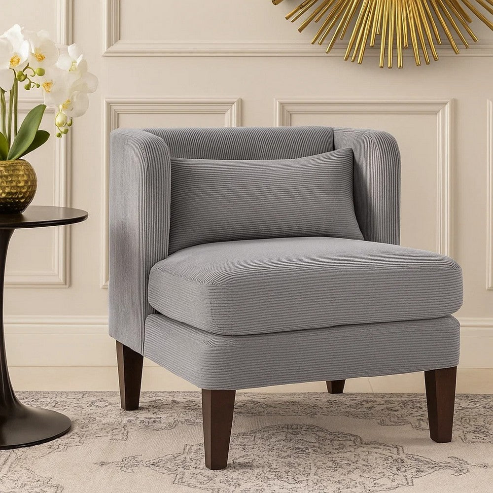 Feya Accent Chair w Pillow, Channeled Dark Gray Corduroy, Brown Legs