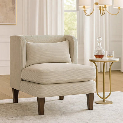 Feya Accent Chair w Pillow, Channeled Taupe Brown Corduroy, Brown Legs