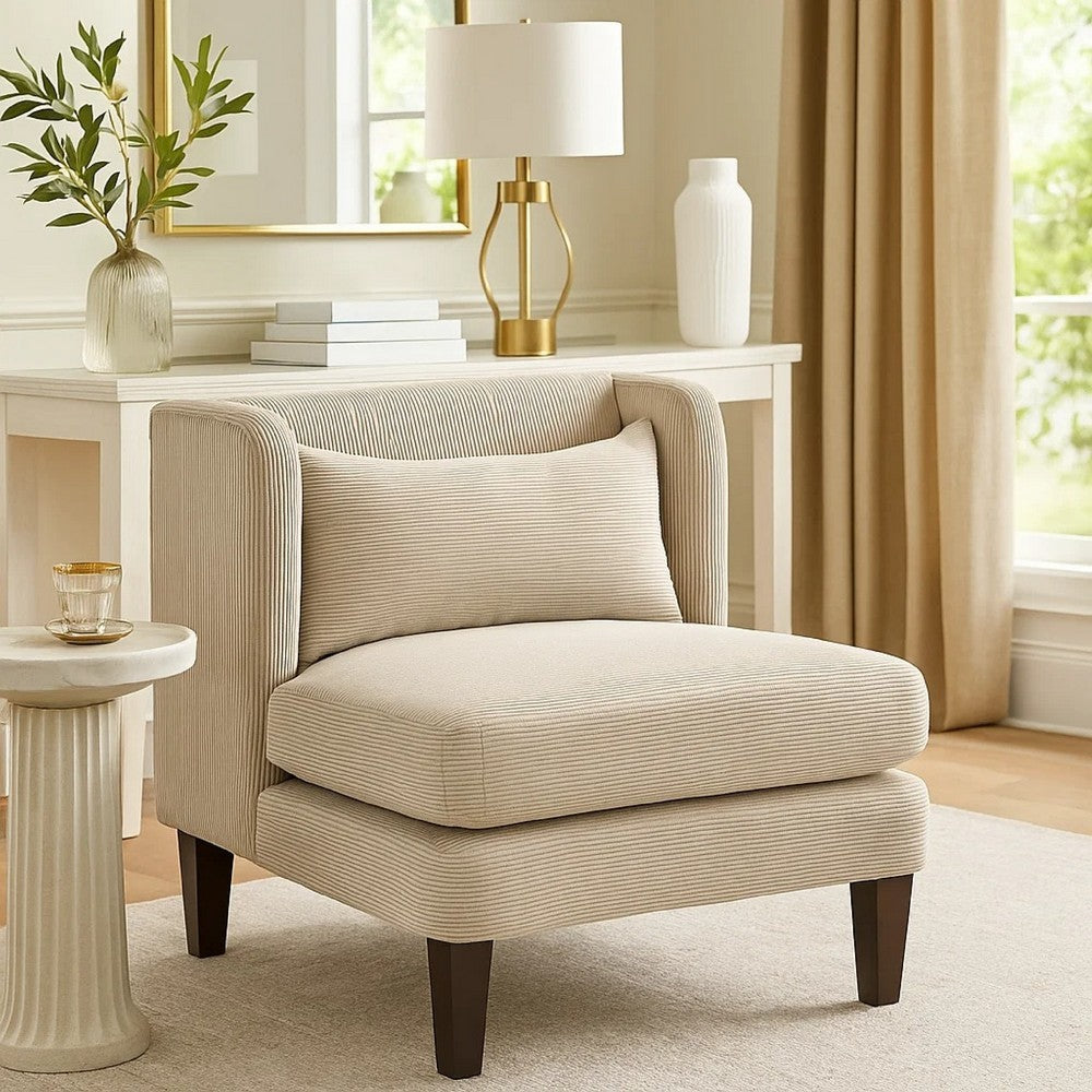 Feya Accent Chair w Pillow, Channeled Taupe Brown Corduroy, Brown Legs