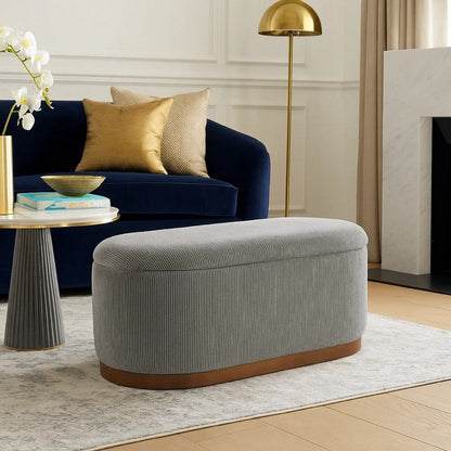 Sio Storage Bench, Ribbed Gray Corduroy, 43 Inch Walnut Brown Wood