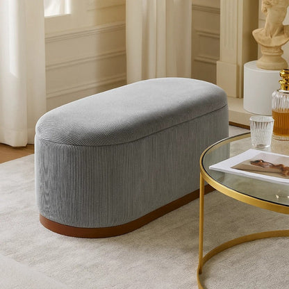 Sio Storage Bench, Ribbed Gray Corduroy, 43 Inch Walnut Brown Wood