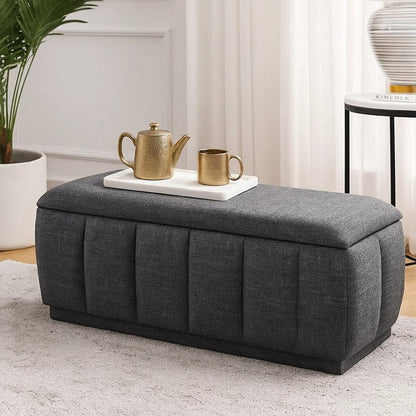 Jia Storage Bench, Wide Channel Tufted Gray Polyester 47 Inch