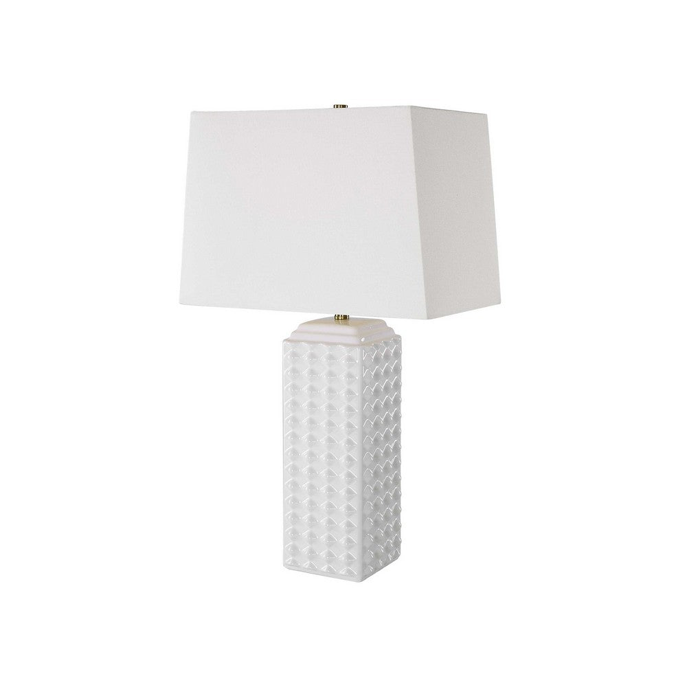 Table Lamp, Linen Shade, 3D Diamond Knob Gloss White Ceramic, 25 Inch