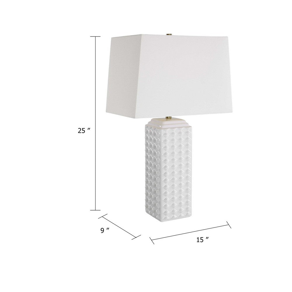 Table Lamp, Linen Shade, 3D Diamond Knob Gloss White Ceramic, 25 Inch