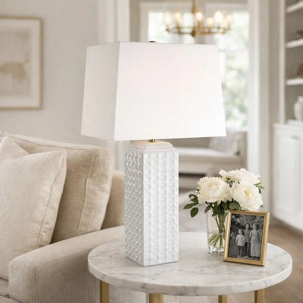 Table Lamp, Linen Shade, 3D Diamond Knob Gloss White Ceramic, 25 Inch