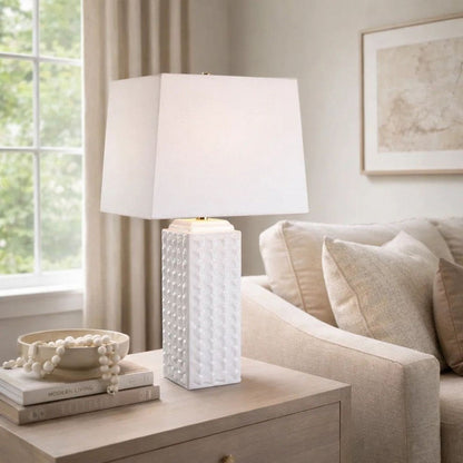 Table Lamp, Linen Shade, 3D Diamond Knob Gloss White Ceramic, 25 Inch