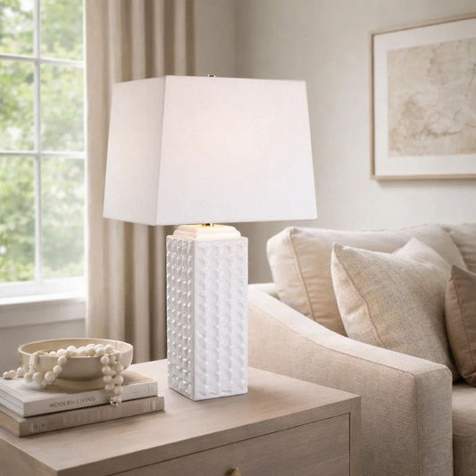 Table Lamp, Linen Shade, 3D Diamond Knob Gloss White Ceramic, 25 Inch