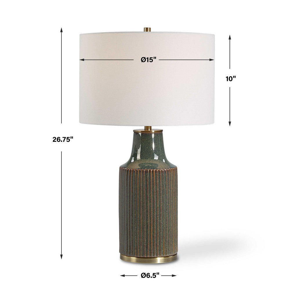 Table Lamp, White Linen Shade, Ribbed Ceramic Base, Blue Green 27 Inch