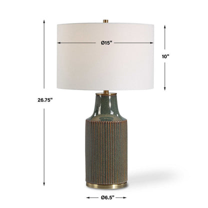 Table Lamp, White Linen Shade, Ribbed Ceramic Base, Blue Green 27 Inch