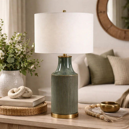 Table Lamp, White Linen Shade, Ribbed Ceramic Base, Blue Green 27 Inch