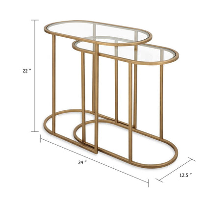 Valo 2pc Nesting Accent Table Set, Retro Glass Oval Top, Antique Brass