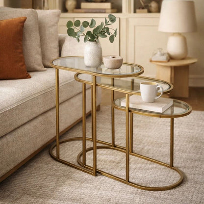 Valo 2pc Nesting Accent Table Set, Retro Glass Oval Top, Antique Brass