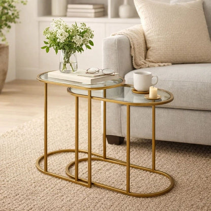 Valo 2pc Nesting Accent Table Set, Retro Glass Oval Top, Antique Brass