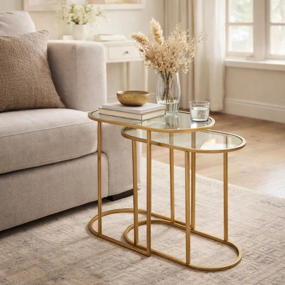 Valo 2pc Nesting Accent Table Set, Retro Glass Oval Top, Antique Brass
