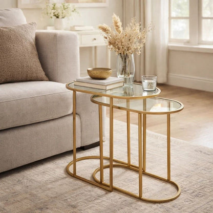 Valo 2pc Nesting Accent Table Set, Retro Glass Oval Top, Antique Brass