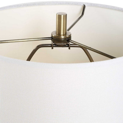 Table Lamp, Crystal Base, White Linen Shade, 32 Inch Antique Brass