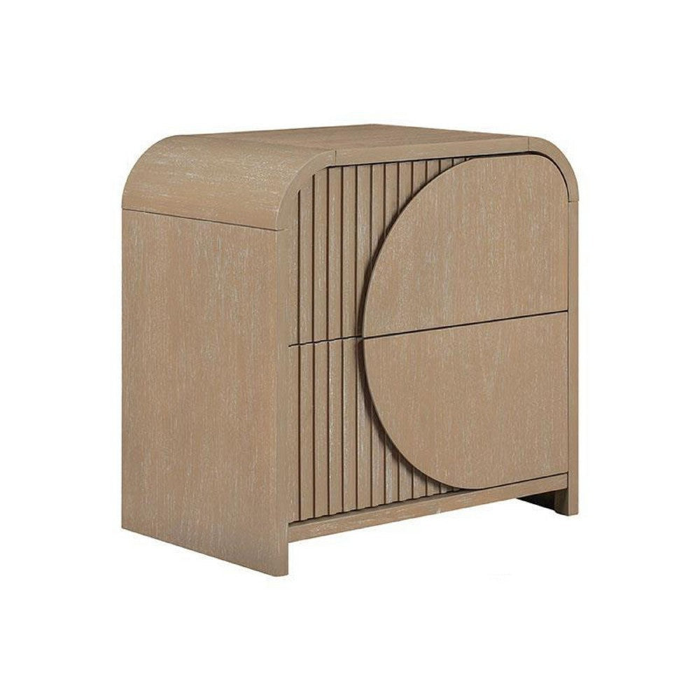 Tanya Nightstand with 2 Drawers, Reeded Panels, Natural Brown Wood