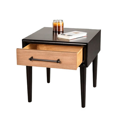 Lucas Side End Table, 1 Drawer, Brown, Black Solid Rubberwood, 24 Inch