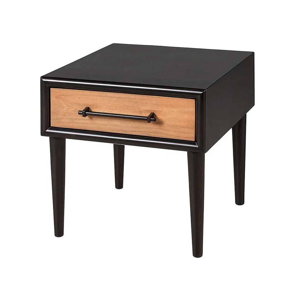 Lucas Side End Table, 1 Drawer, Brown, Black Solid Rubberwood, 24 Inch