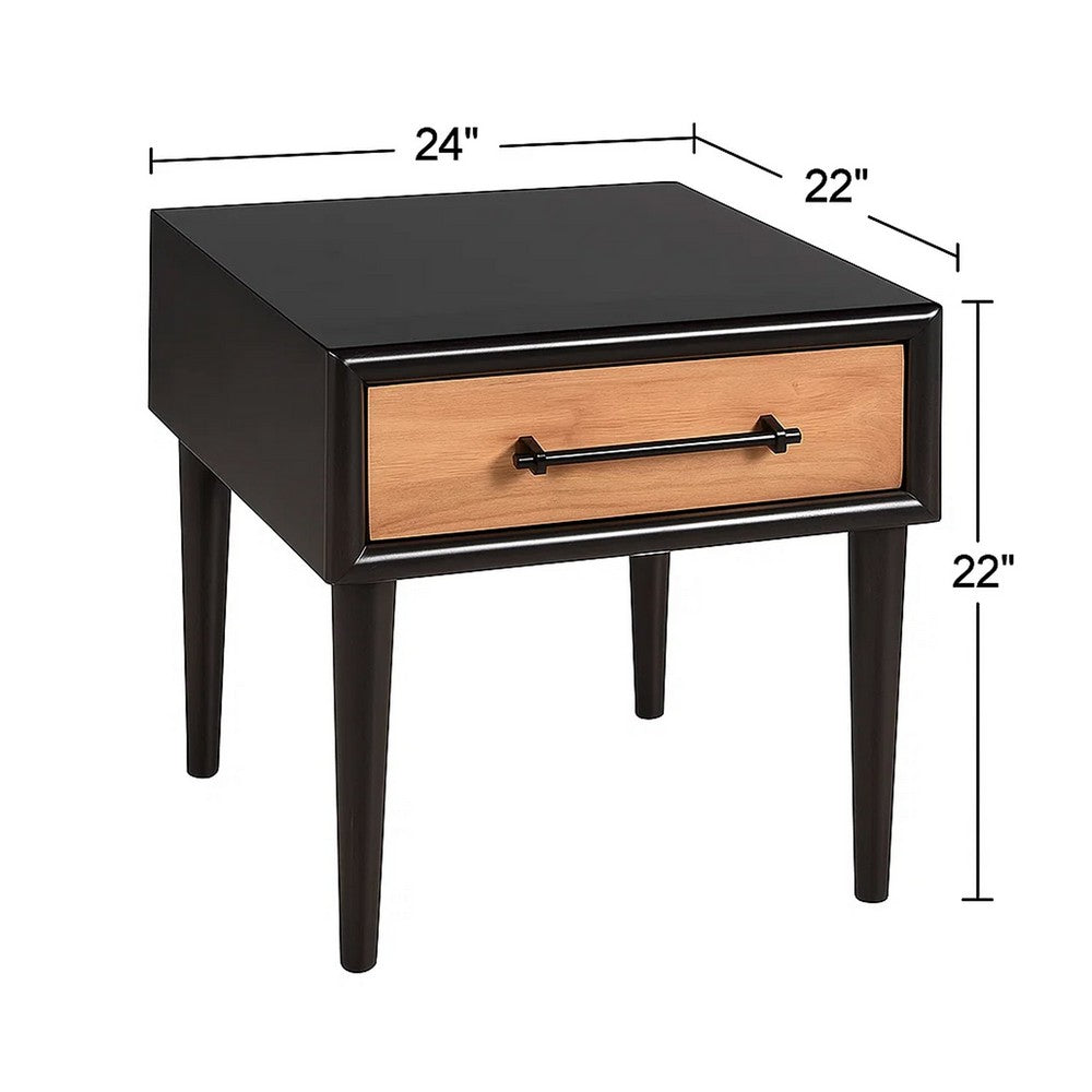 Lucas Side End Table, 1 Drawer, Brown, Black Solid Rubberwood, 24 Inch
