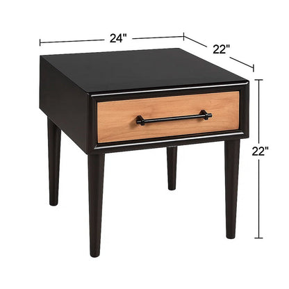 Lucas Side End Table, 1 Drawer, Brown, Black Solid Rubberwood, 24 Inch