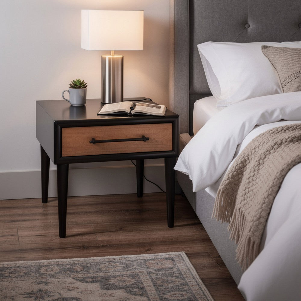 Lucas Side End Table, 1 Drawer, Brown, Black Solid Rubberwood, 24 Inch
