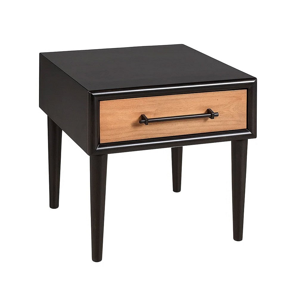 Lucas Side End Table, 1 Drawer, Brown, Black Solid Rubberwood, 24 Inch