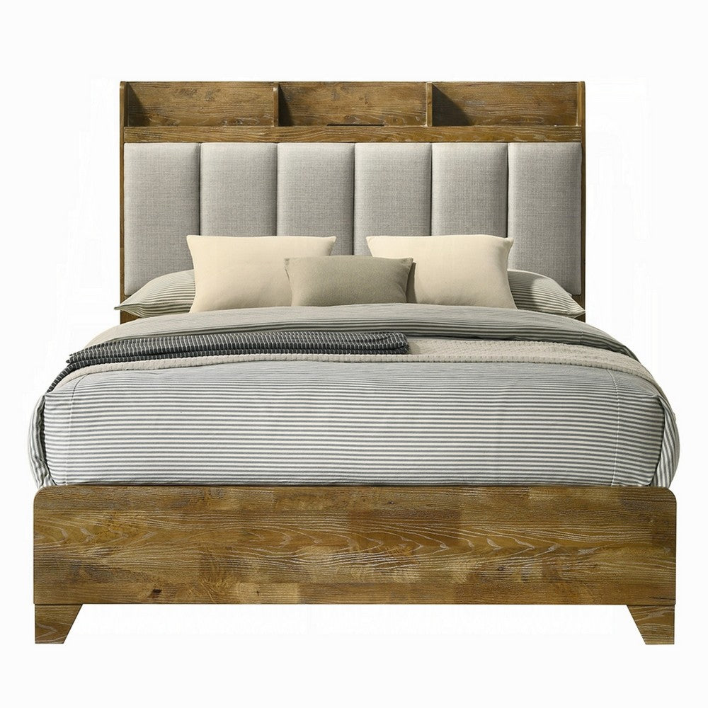 Gary Queen Size Bed with Tufted Headboard and USB Ports, Aspen Brown Wood
