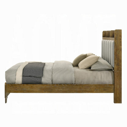 Gary Queen Size Bed with Tufted Headboard and USB Ports, Aspen Brown Wood