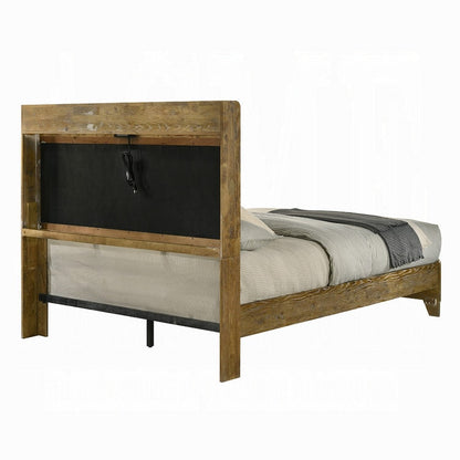Gary Queen Size Bed with Tufted Headboard and USB Ports, Aspen Brown Wood