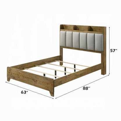 Gary Queen Size Bed with Tufted Headboard and USB Ports, Aspen Brown Wood