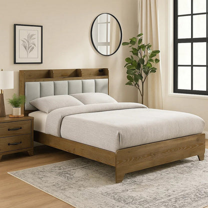 Gary Queen Size Bed with Tufted Headboard and USB Ports, Aspen Brown Wood