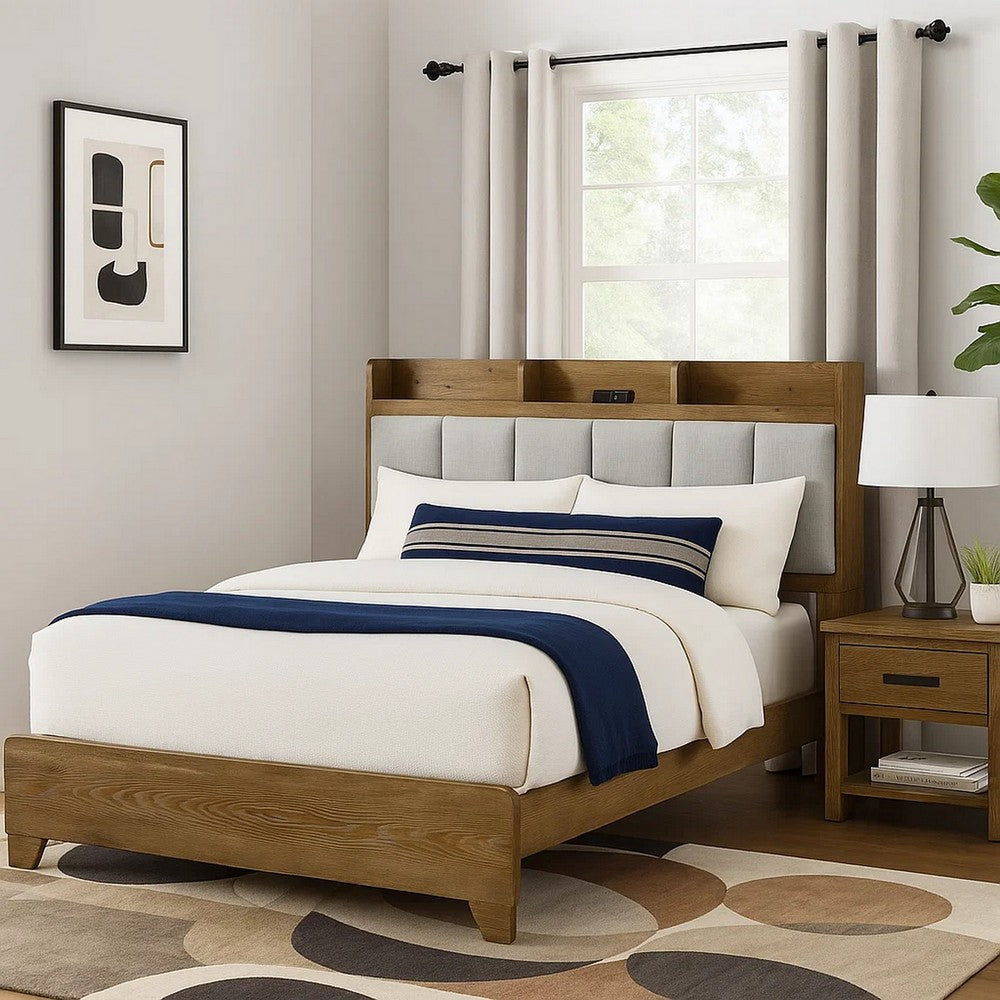 Gary Queen Size Bed with Tufted Headboard and USB Ports, Aspen Brown Wood